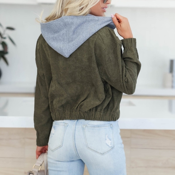 Women's Boutique Corduroy hoodie jacket,  olive green - Picture 6 of 6